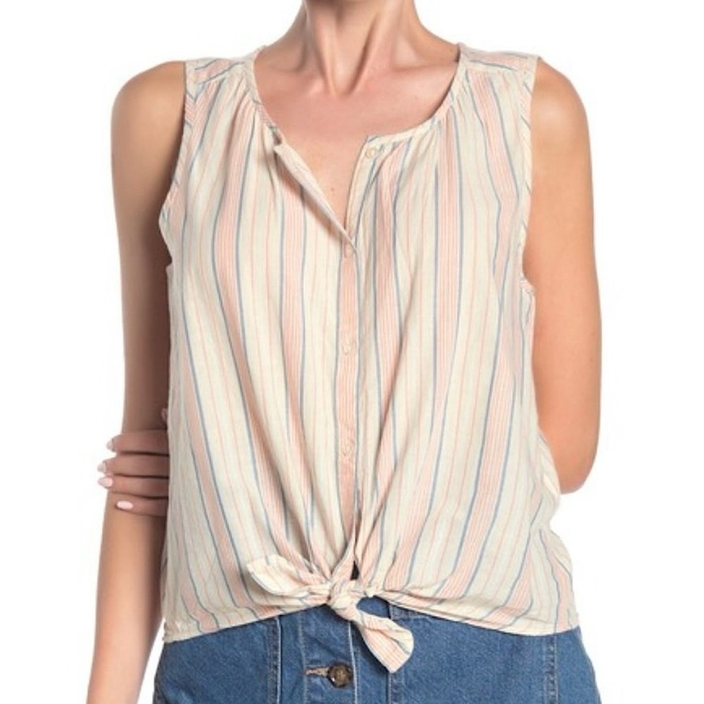 NWT Lucky Brand Striped Sleeveless Button Front Tie Top Pink White Blue Small